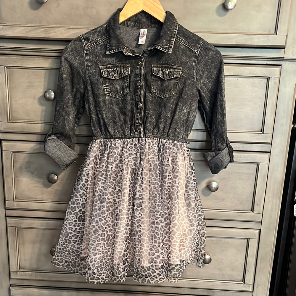 Girls denim top and tulle leopard print bottom dress